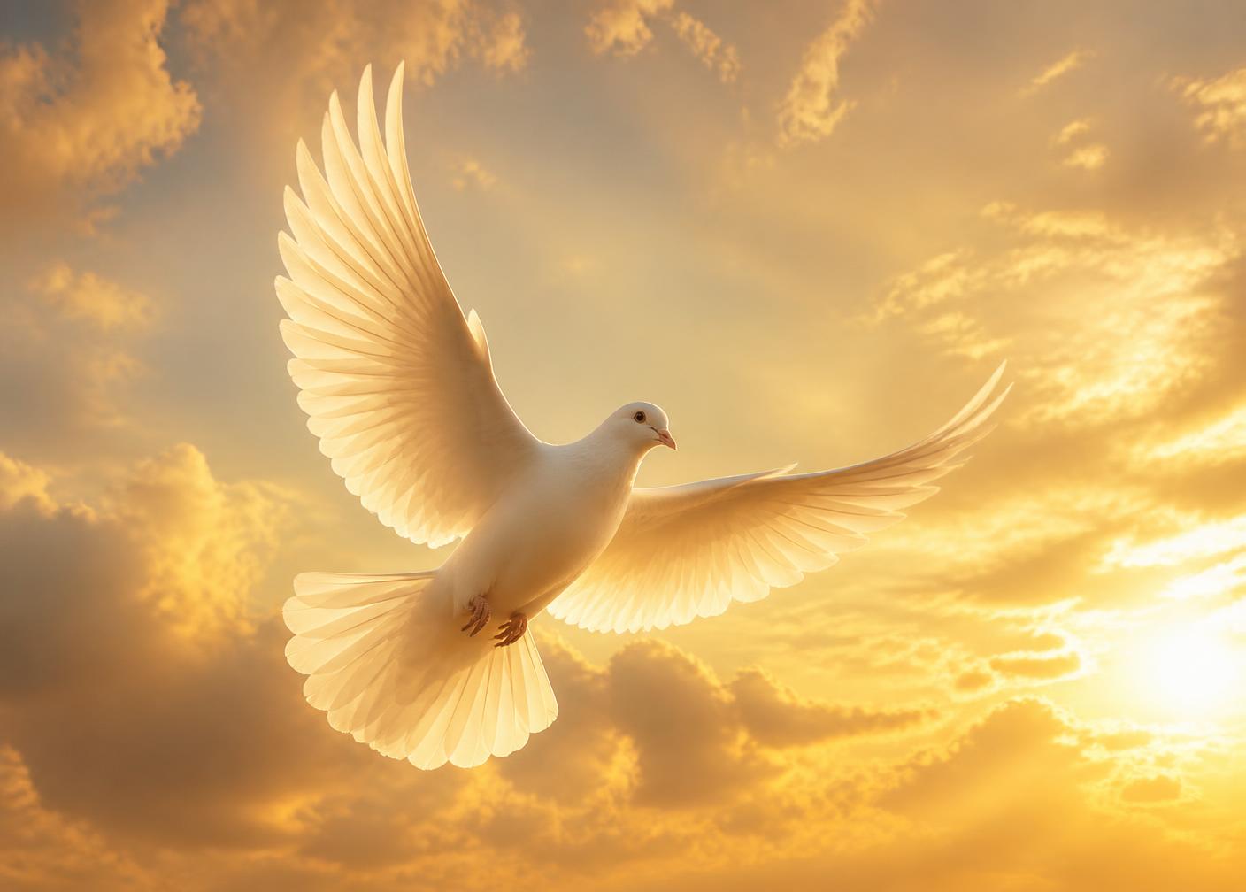 A white dove rising through golden clouds