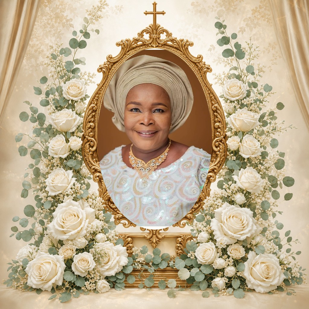Tina Oke Alegbejo framed in white roses and eucalyptus